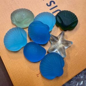 Vintage Frosted Sea Glass‎ Shell & Starfish Decor Set 8pc Cobalt Seafoam Coastal